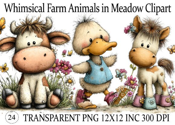 Download Whimsical Farm Animals in Meadow Clipart - Farm Collection