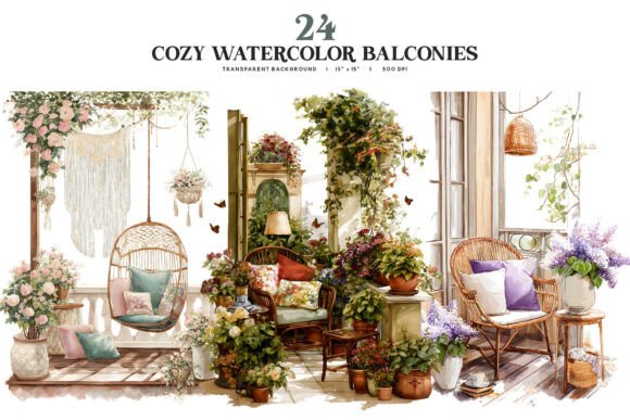 Download Cozy Watercolor Balcony PNG Collection - Collection Collection