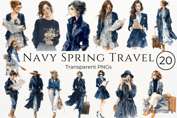 Download Navy Spring Travel Watercolor Clipart - Spring Collection