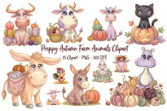 Download Preppy Autumn Farm Animals Clipart Set - Farm Collection