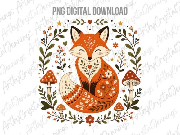 Download Folk Art Fox and Woodland Mushrooms PNG - Fox Collection
