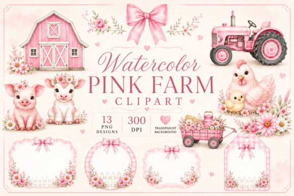 Download Watercolor Pink Farm Baby Clipart - Farm Collection