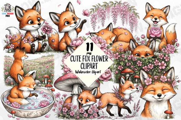 Download Cute Fox Flower Clipart PNG - Fox Collection