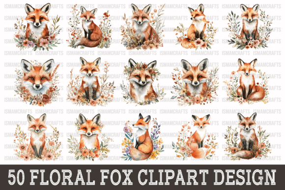 Download Floral Fox Watercolor Clipart Bundle PNG - Fox Collection