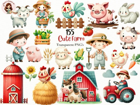 Download Watercolor Farm Kids &amp; Animals PNG Set - Farm Collection