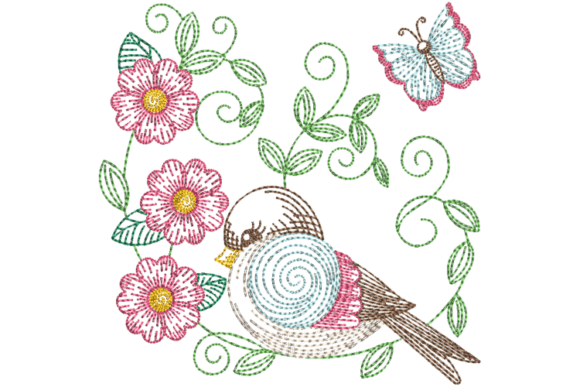 Download Spring Bird and Flowers Embroidery File - Spring Collection