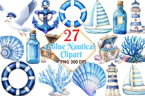 Download Watercolor Blue Nautical Collection Clip - Collection Collection