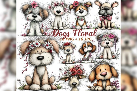 Download Whimsical Floral Dogs Spring Clipart Set - Spring Collection